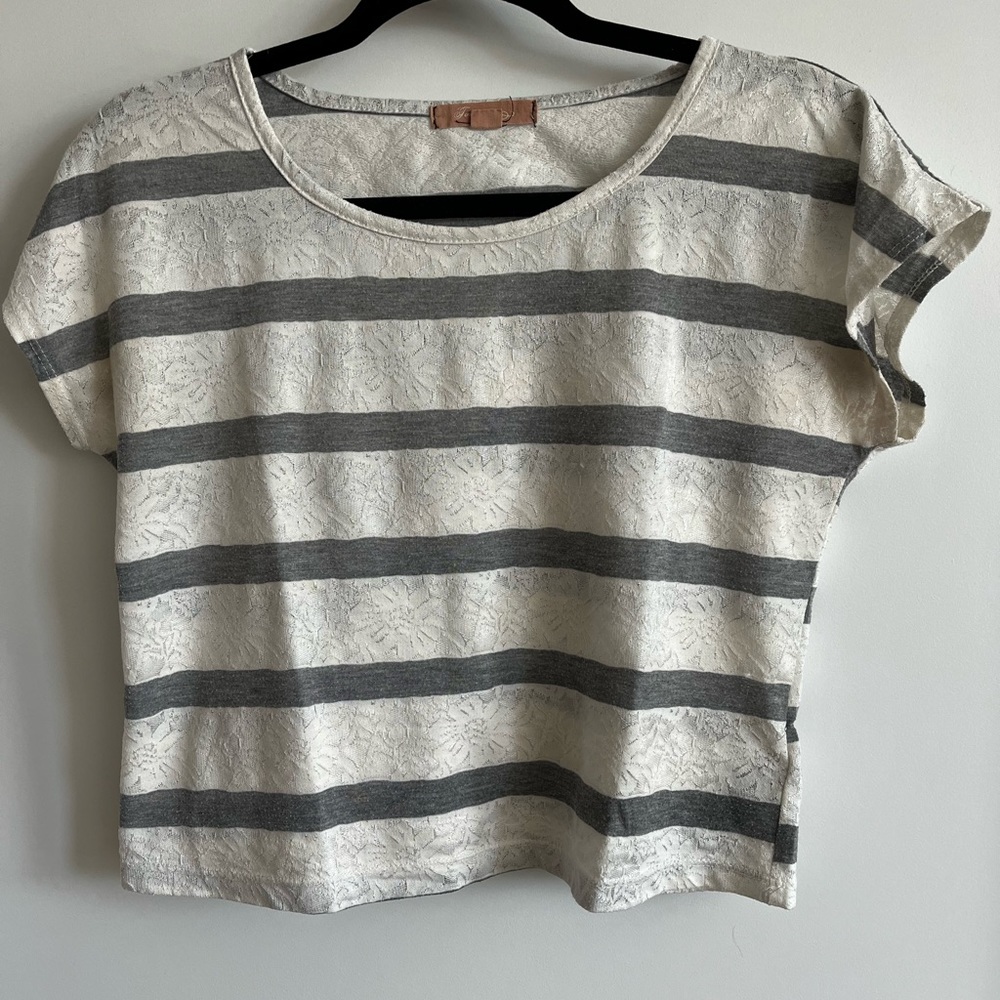 White and gray striped lace top